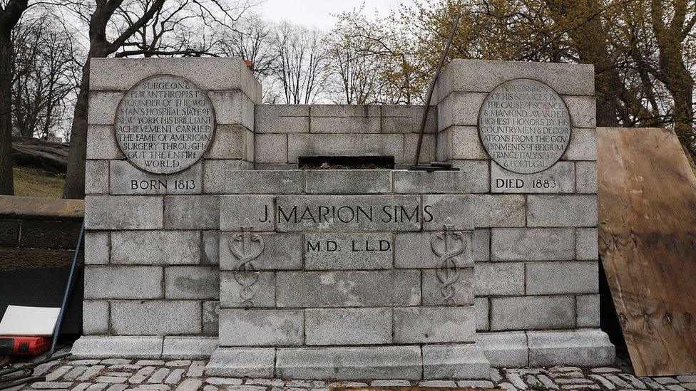 The empty pedestal after the removal of J. Marion Sims' statue, 17 April 2018