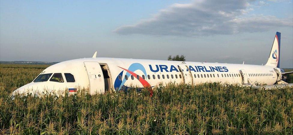 Russian jet after crash-landing, 15 Aug 19