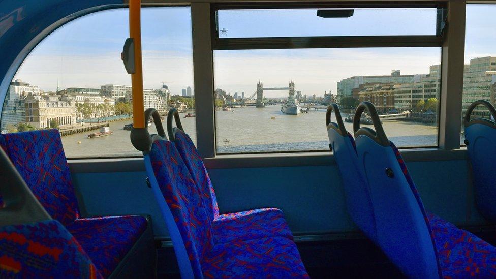 View out of bus window to Tower Bridge