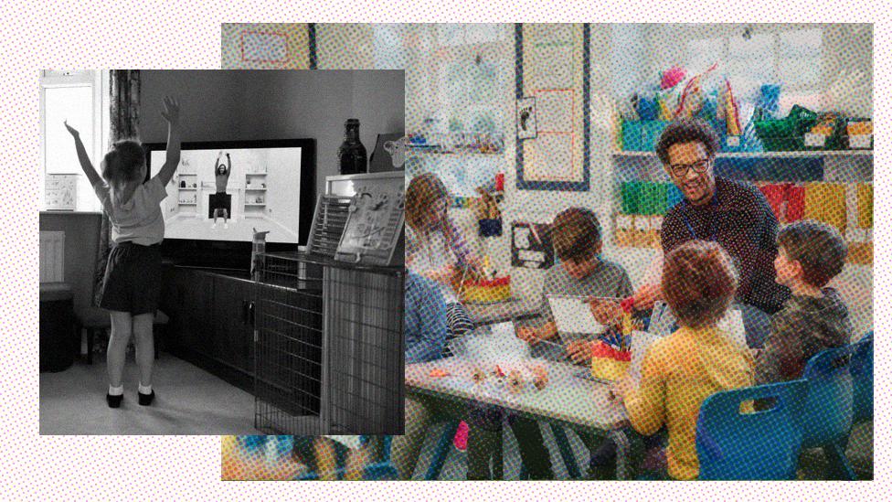 Children in class and exercising in front of TV