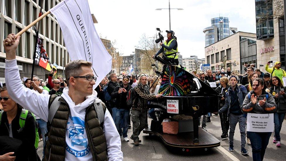 Querdenken supporters protest against coronavirus restrictions in Stuttgart