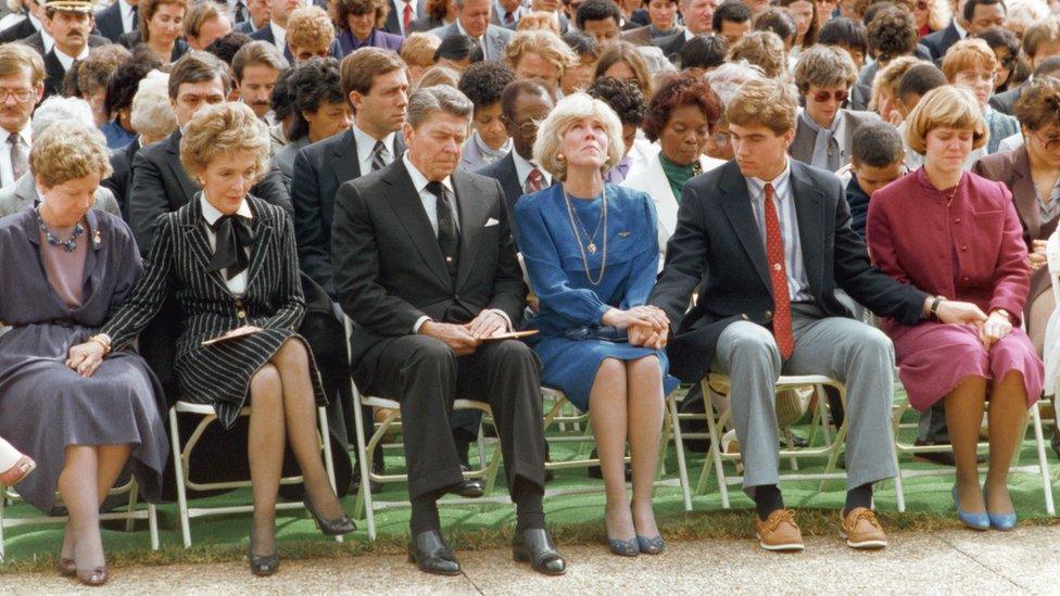 President Ronald Reagan at the memorial service for the crew of the Challenger space shuttle