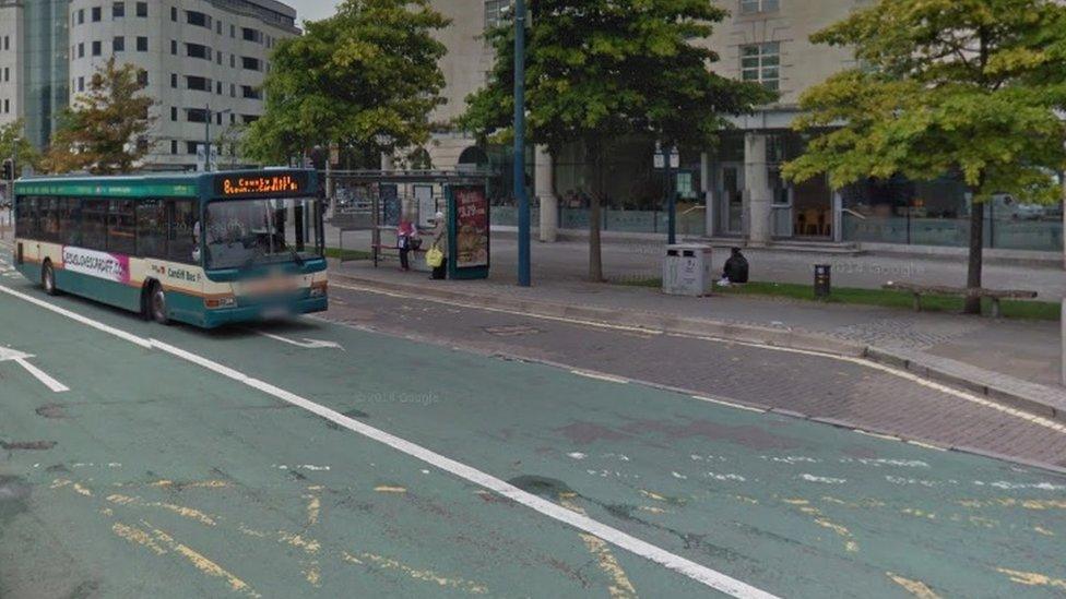 Bus driving in a bus lane in Cardiff