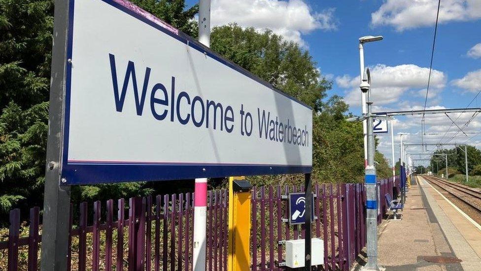 Platform sign saying "Welcome to Waterbeach"