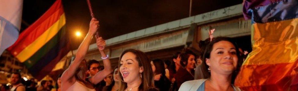 People celebrate after the Inter-American Court of Human Rights called on Costa Rica and Latin America to recognize equal marriage, in San Jose, Costa Rica, January 9, 2018.