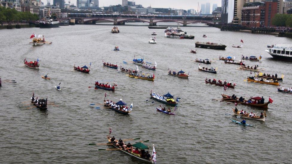 Diamond Jubilee flotilla sailing down the River Thames in London