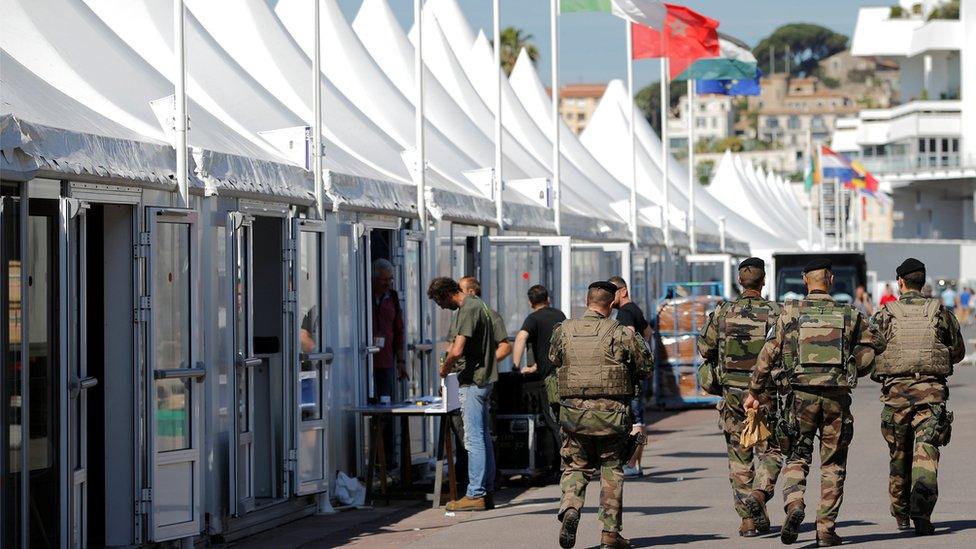 French soldiers patrol in Cannes ahead of the festival