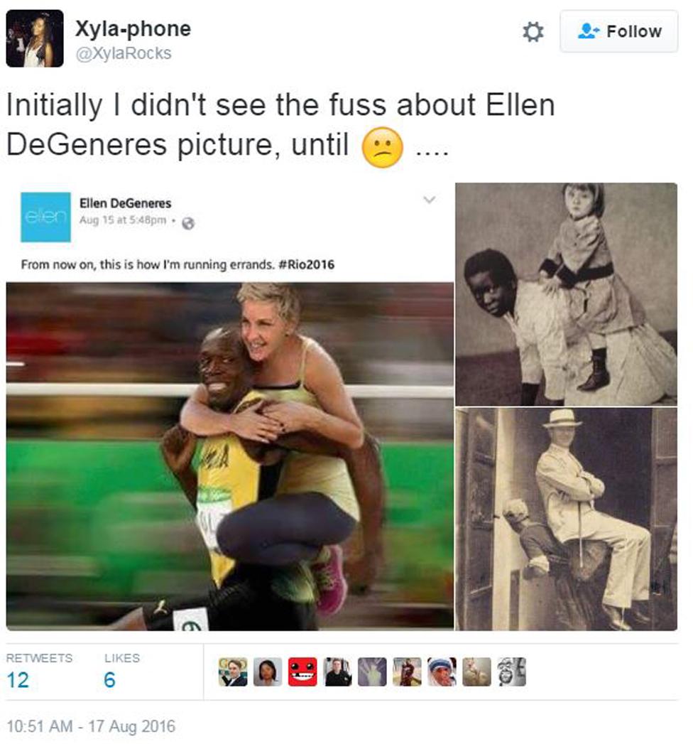 Xyla-phone tweets: "Initially I didn't see the fuss about Ellen DeGeneres picture, until..." with two pics of white people on the backs of black people