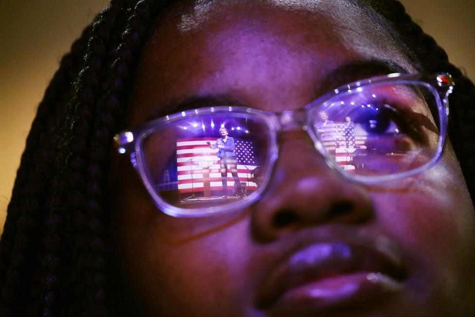 Democratic presidential candidate Senator Elizabeth Warren is reflected in a student's glasses as she speaks at a "Get Out the Vote" Rally at South Carolina State University. 26 February 2020