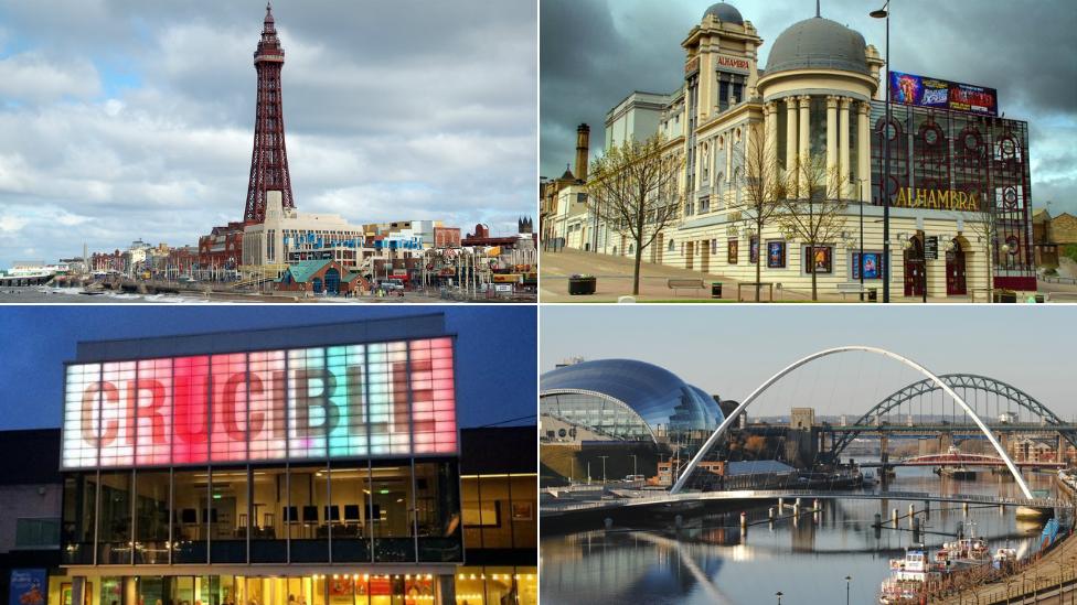 (clockwise from top left) Blackpool, Bradford, Newcastle-Gateshead, Sheffield