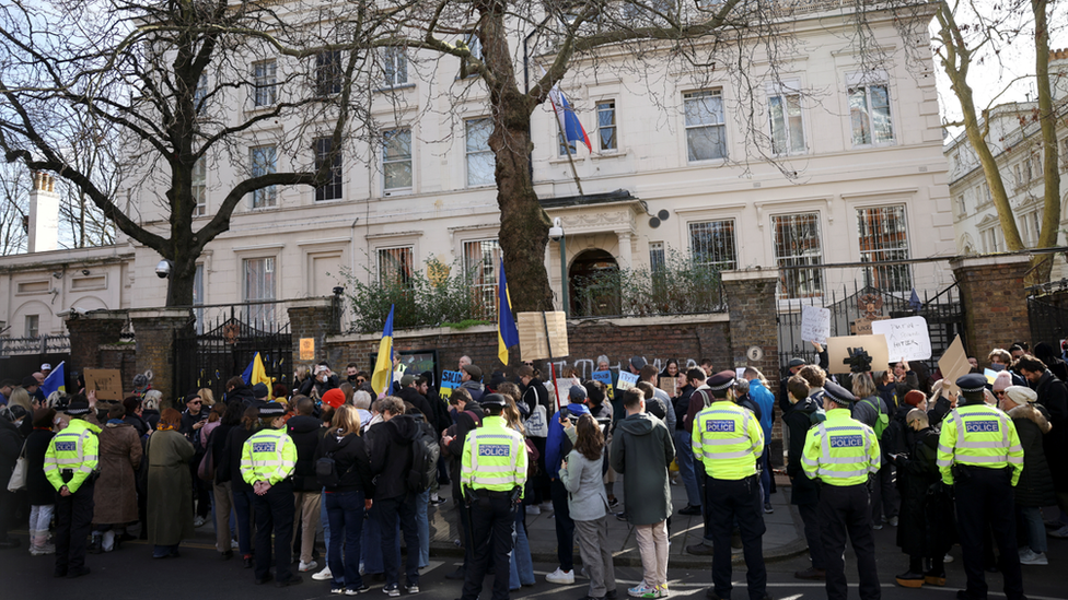 Protesters outside the Russian embassy in London