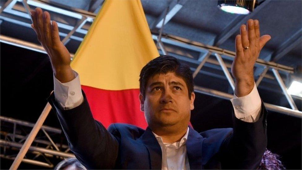 Presidential candidate of Costa Rica's governing Citizen Action Party (PAC), Carlos Alvarado, celebrates victory in San Jose on April 01, 2018.