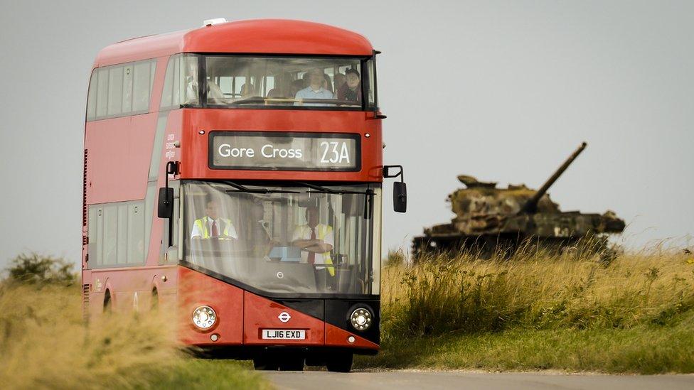 A Routemaster bus on its way to the deserted village of Imber on Salisbury Plain, Wiltshire