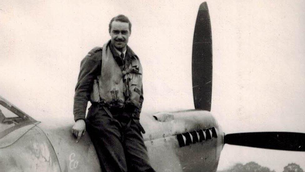 Flt Lt Bruce Whiteford with 411 Squadron Spitfire DB-E