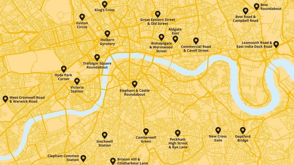 The 22 junctions highlighted by the London Cycling Campaign as the most dangerous in London