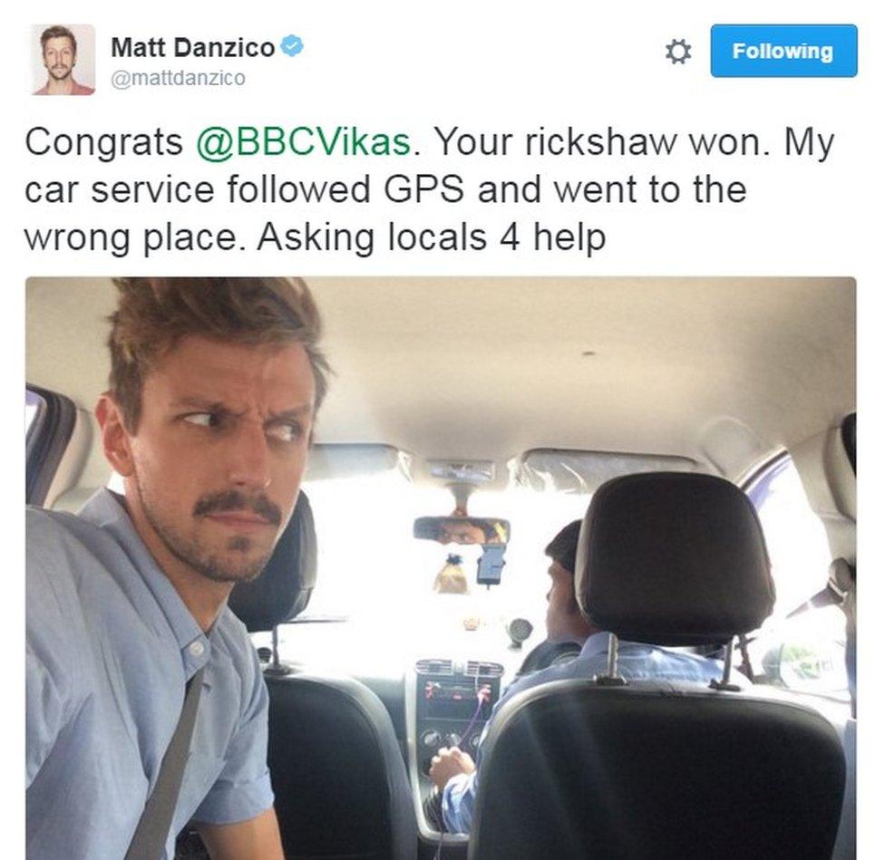 BBC Pop Up's Matt Danzico tweets about getting lost in his Uber. Text reads: "Congrats @BBCVikas. Your rickshaw won. My car service followed GPS and went to the wrong place. Asking locals 4 help."