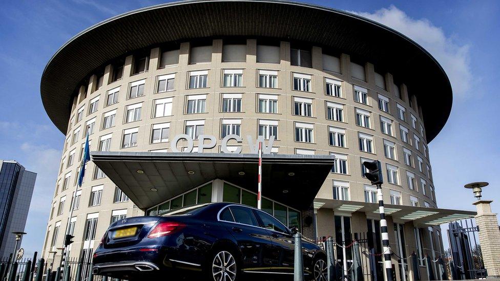 An exterior view of the headquarters of the Organisation for the Prohibition of Chemical Weapons (OPCW) in The Hague