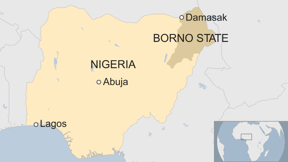 A map showing the location of Damasak relative to the capital, Abuja, and commercial capital of Lagos.