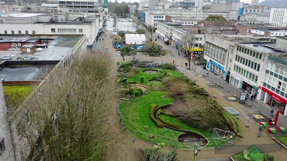 A drone shot of Plymouth's Armada Way