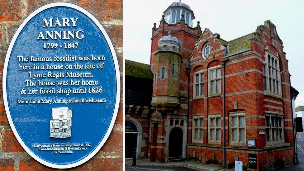 Blue plaque on Lyme Regis Museum and the original Lyme Regis Museum building