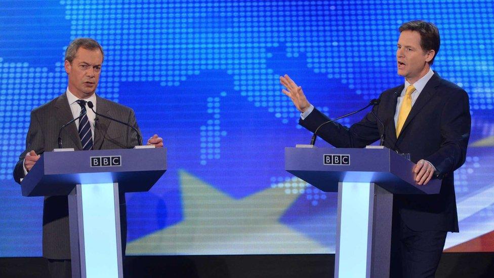 Nick Clegg (right) and Nigel Farage debate at BBC Radio Theatre, 2 Apr 2014