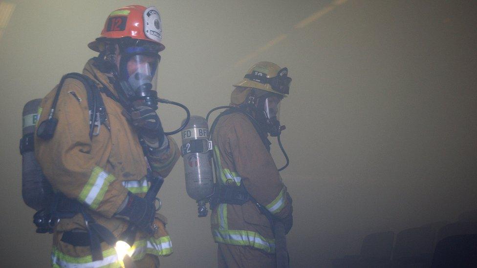 Fire fighters take part in the Great Southern California earthquake drill in November 2008