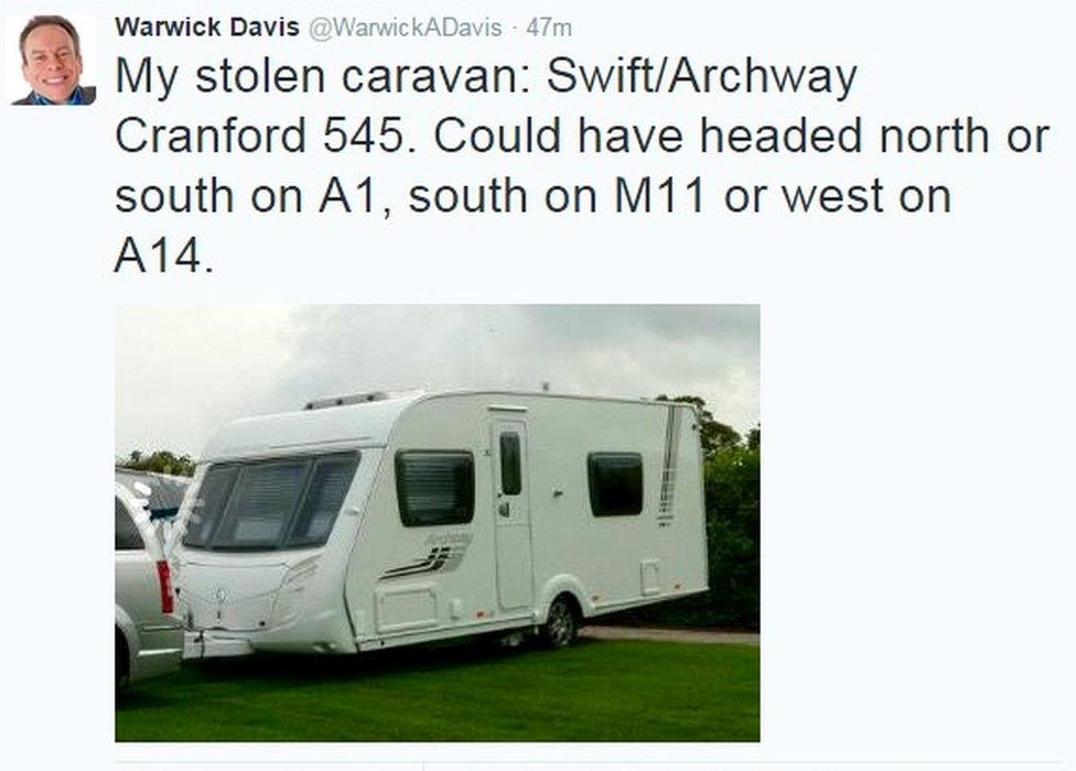 Warwick Davis tweet: My stolen caravan: Swift Archway Cranford 545. Could have headed north or south on A1, south on M11 or west on A14.