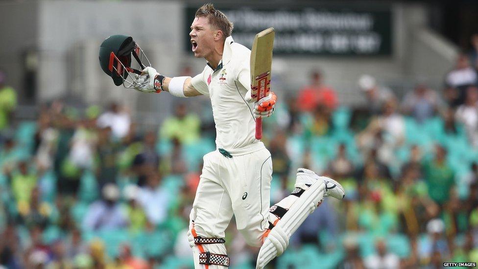 David Warner celebrates his century in Sydney