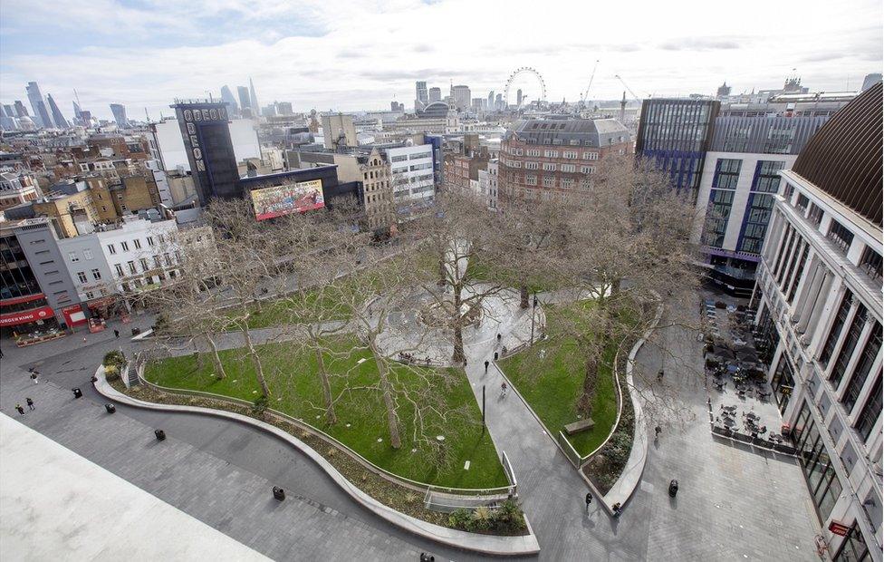 An view on to a deserted Leicester Square