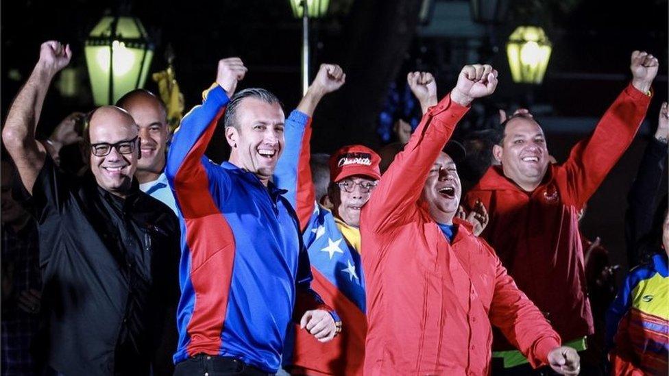 The mayor of Caracas Jorge Rodriguez (L), The Vice President of Venezuela Tareck El Aissami (2-L), the Minister of Electrical Energy Luis Alfredo Motta Dominguez (C) and the first vice president of the ruling United Socialist Party of Venezuela (PSUV) Diosdado Cabello (2-R), attend an event celebrating the election results after a national vote on President Nicolas Maduro"s proposed Constituent Assembly at Plaza Bolivar in Caracas, Venezuela, 31 July 2017