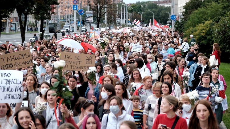 Women take part in a demonstration against police brutality following recent protests to reject the presidential election results in Minsk, Belarus, 29 August 2020