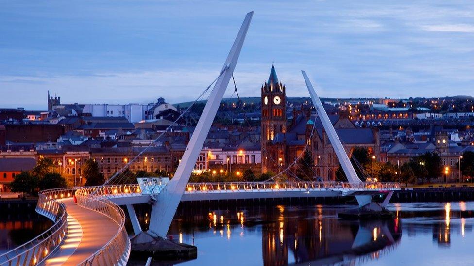 The Peace Bridge and the cityscape of Londonderry