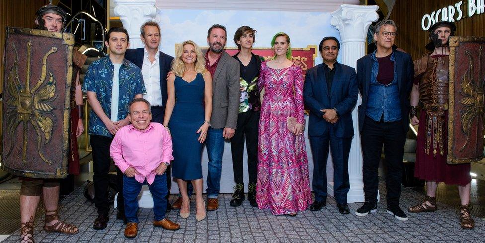 The cast of the Horrible Histories movie: Craig Roberts, Alexander Armstrong, Warwick Davis, Sarah Hadland, Lee Mack, Sebastian Croft, Kate Nash, Sanjeev Bhaskar and Rupert Graves