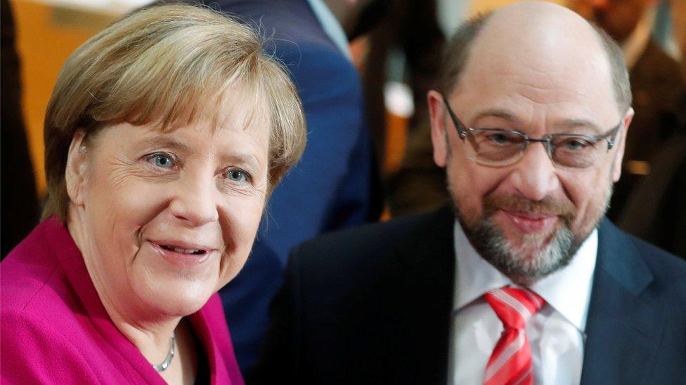 Leader of the Christian Democratic Union (CDU) and the acting German Chancellor Angela Merkel and Social Democratic Party (SPD) leader Martin Schulz - 7 January 2018