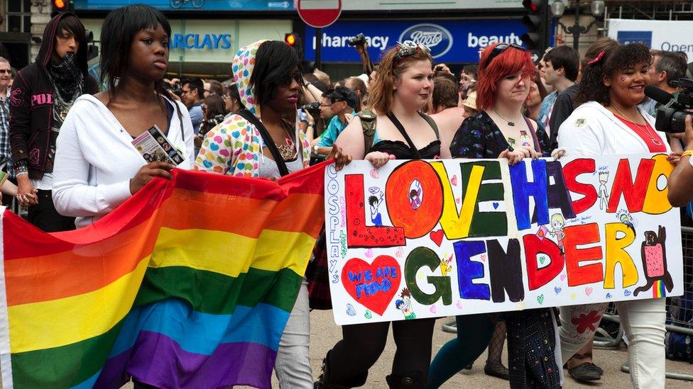 A group of young people carrying a poster that says 'love has no gender'