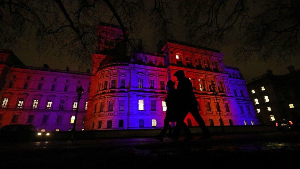 The Foreign and Commonwealth Office is also lit up in red, white and blue.