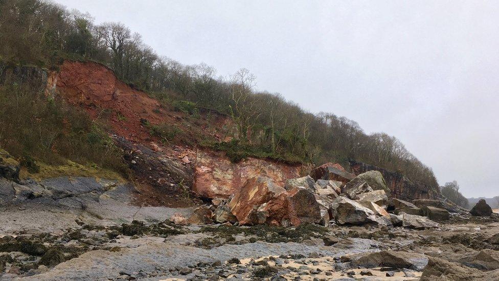 A rock fall on Oxwich Bay