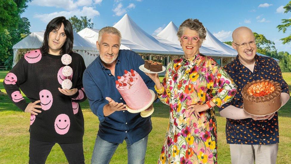 Noel Fielding, Paul Hollywood, Prue Leith and Matt Lucas outside the Bake Off tent