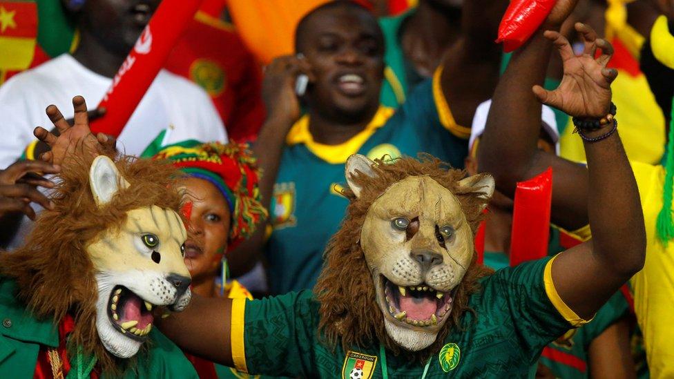 Cameroonian fans dressed as lions at a Africa Cup of Nations match in Libreville, Gabon - Saturday 14 January 2017