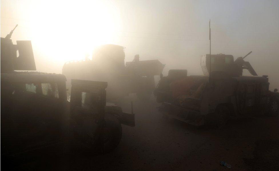 An Islamic State suicide bomber attacks an Iraqi special forces unit with a car bomb during clashes in Bartella, east of Mosul, Iraq on October 20, 2016.