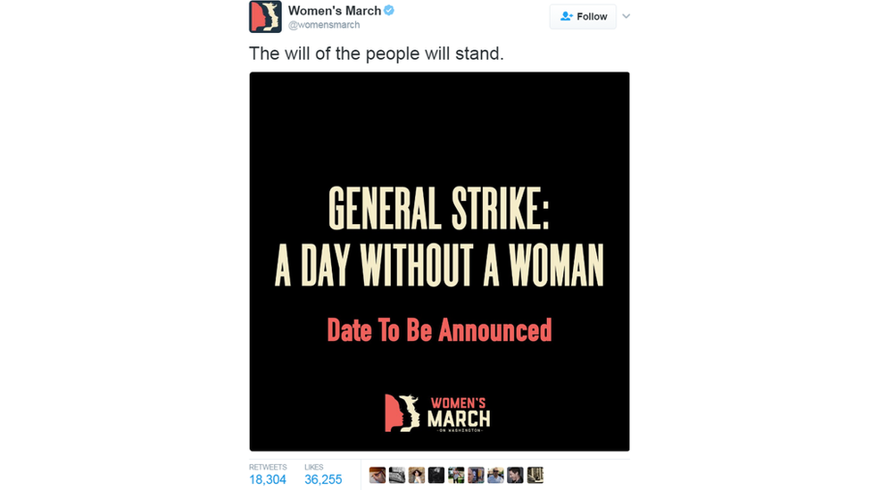 Tweet by Women's March: "General strike: a day without a woman"