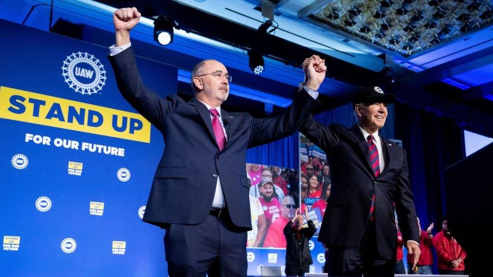 UAW President Shawn Fain and US President Joe Biden