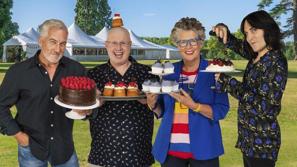 Great British Bake off team. Paul Hollywood, Matt Lucas, Prue Leith and Noel Fielding.