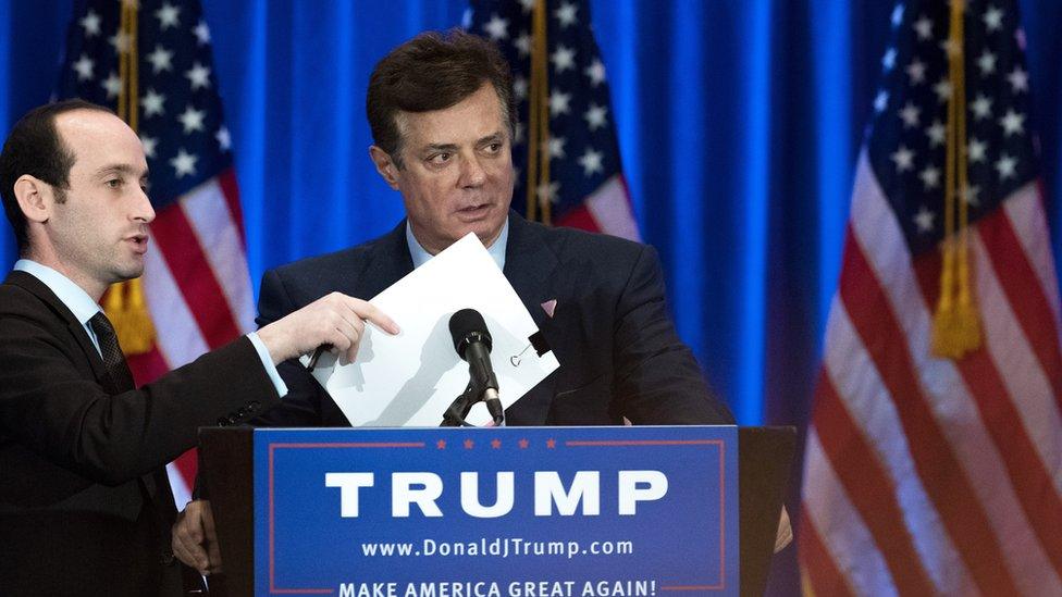 Campaign chairman Paul Manafort checks the podium before Republican Presidential candidate Donald Trump speaks during an event at Trump SoHo Hotel, June 22, 2016 in New York City.