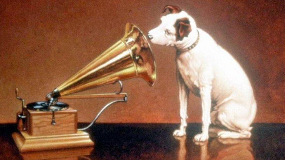 The original logo for His Master's Voice, inspired by a painting of Nipper the Dog