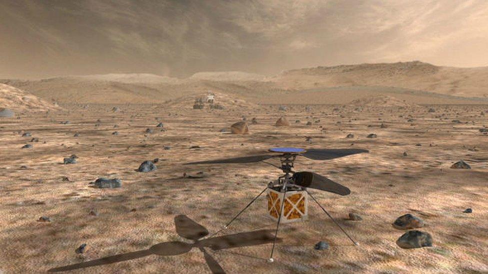 NASA's Mars Helicopter seen in a computer-generated render on the surface of Mars