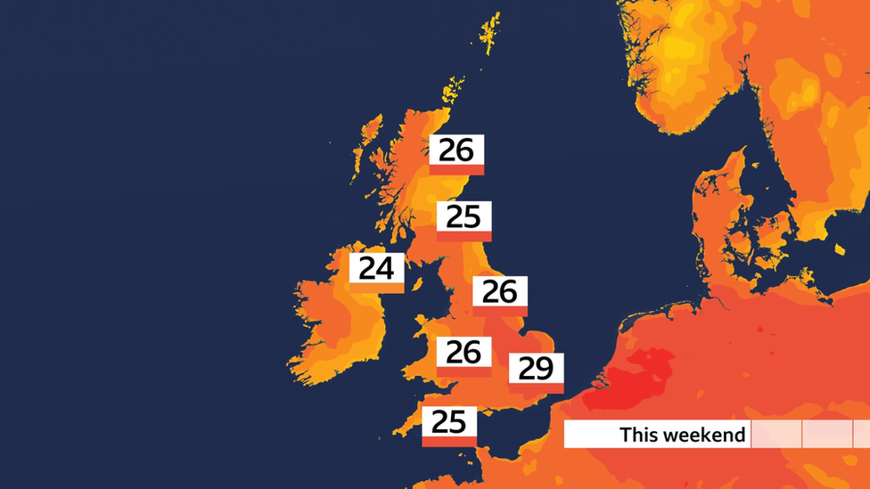 Weather map showing maximum temperatures for the weekend, ranging from 24 in Northern Ireland to 29 in the south-east of the UK