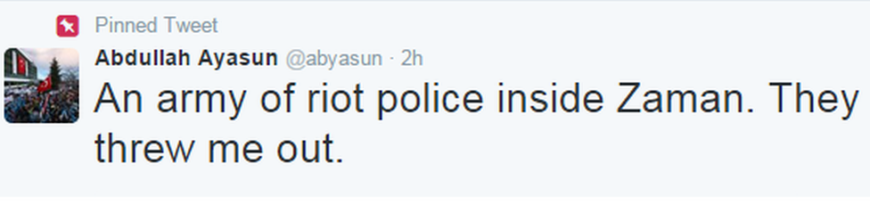 A tweet by Zaman journalist Abdullah Ayasun