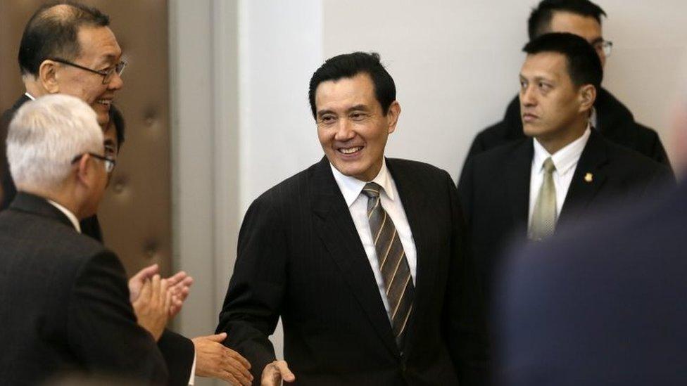 Taiwan President Ma Ying-jeou (C) is greeted by participants before he addresses attendees about South China islands during the Scientific International Seminar on South China inside Howard Civil Service International House in Taipei, Taiwan, 19 January 2016.