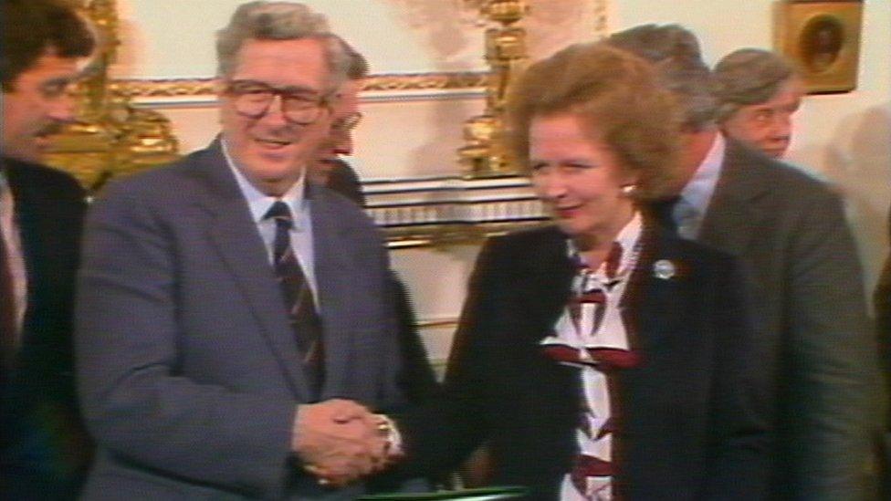 Dr Garret FitzGerald and Margaret Thatcher shaking hands